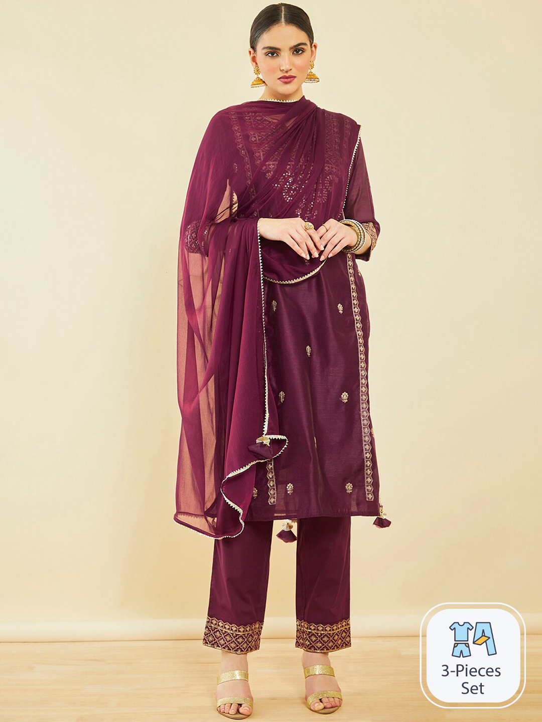 

Soch Ethnic Motifs Embroidered Chanderi Silk Straight Kurta & Trousers With Dupatta, Burgundy