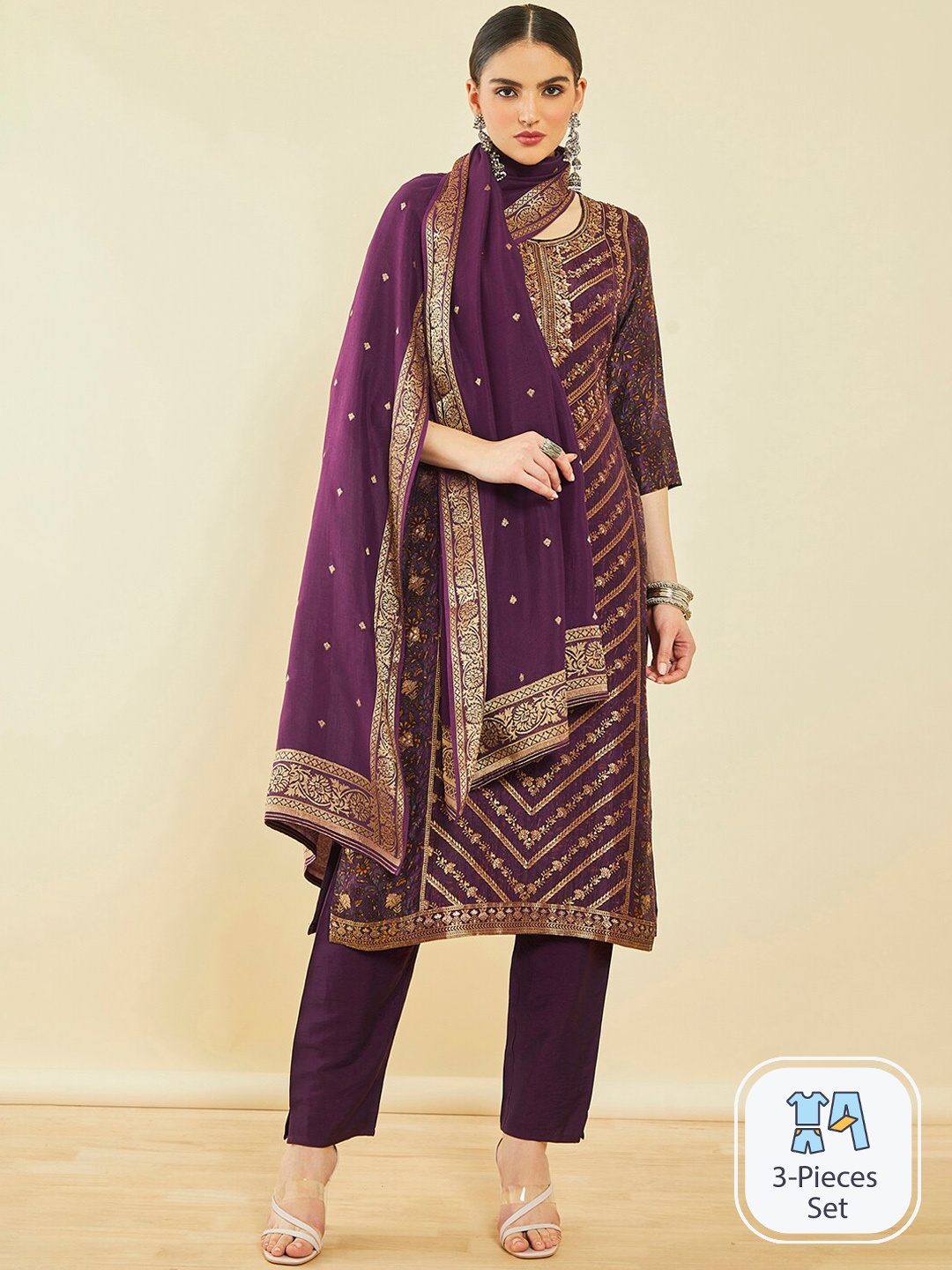 

Soch Ethnic Motifs Printed Beads and Stones Thread Work Kurta with Trousers & Dupatta, Maroon