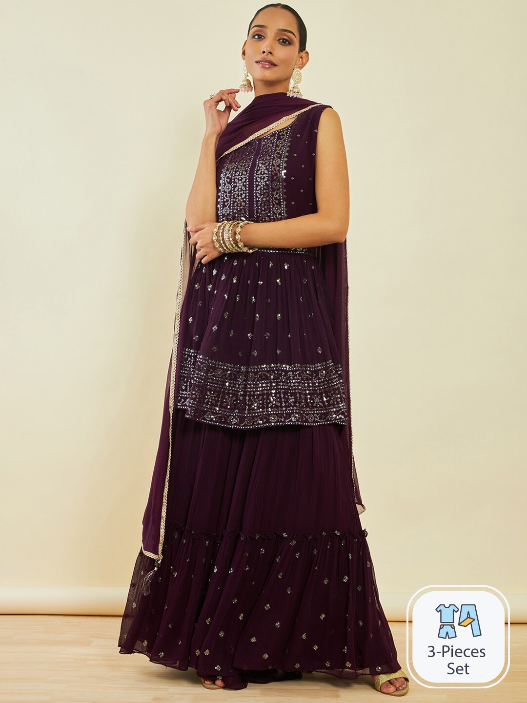 

Soch Ethnic Motifs Embroidered Sequinned Anarkali Kurta & Sharara With Dupatta, Purple