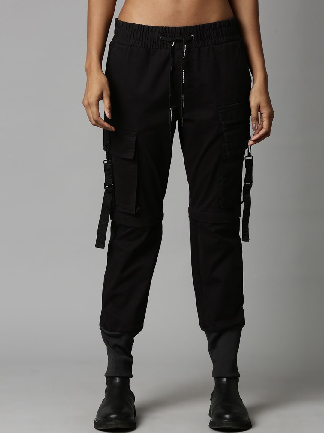 

Breakbounce Women Classic Slim Fit Mid Rise Plain Cotton Cargos, Black