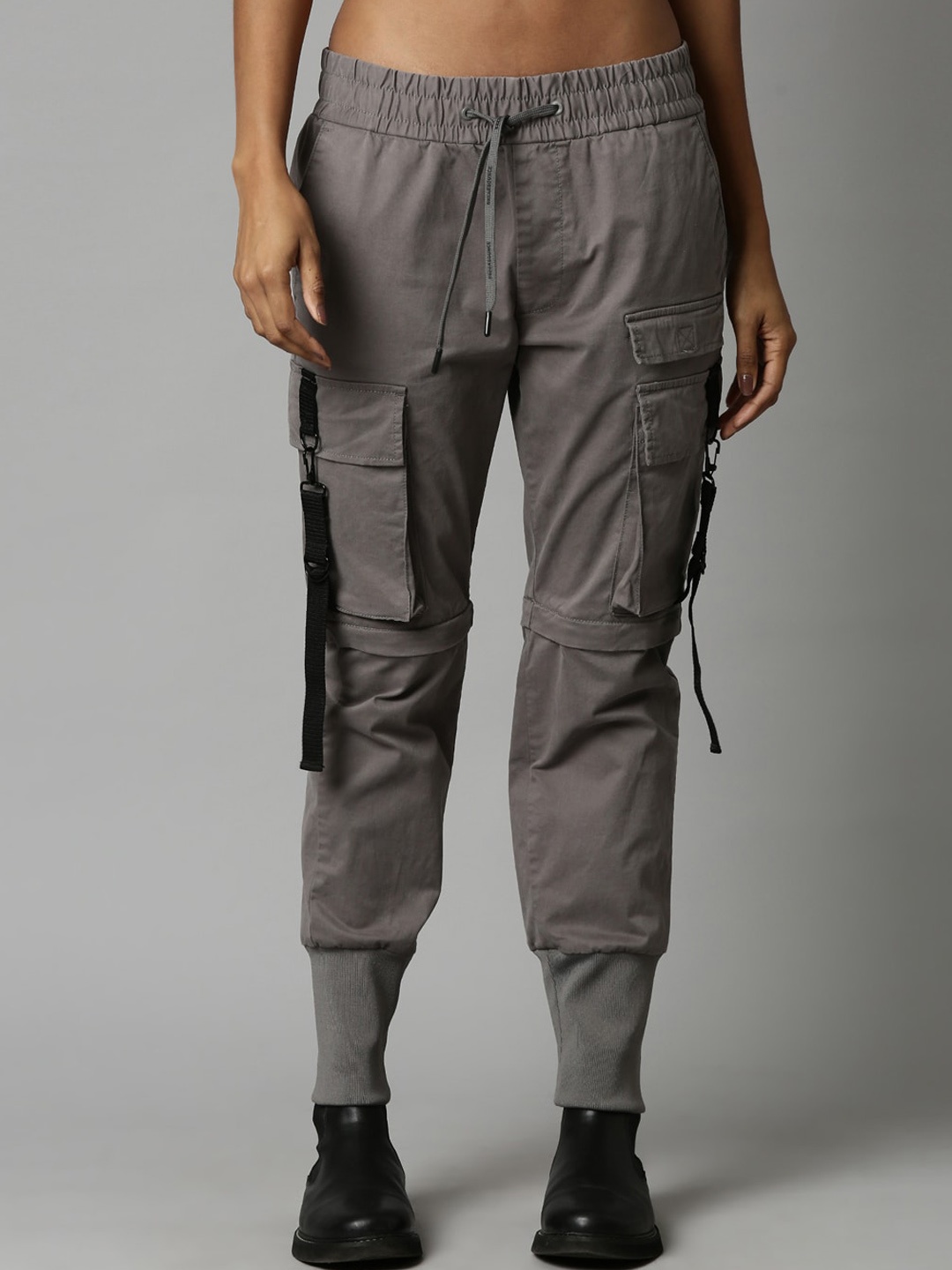 

Breakbounce Women Classic Slim Fit Mid Rise Plain Cotton Cargos, Grey