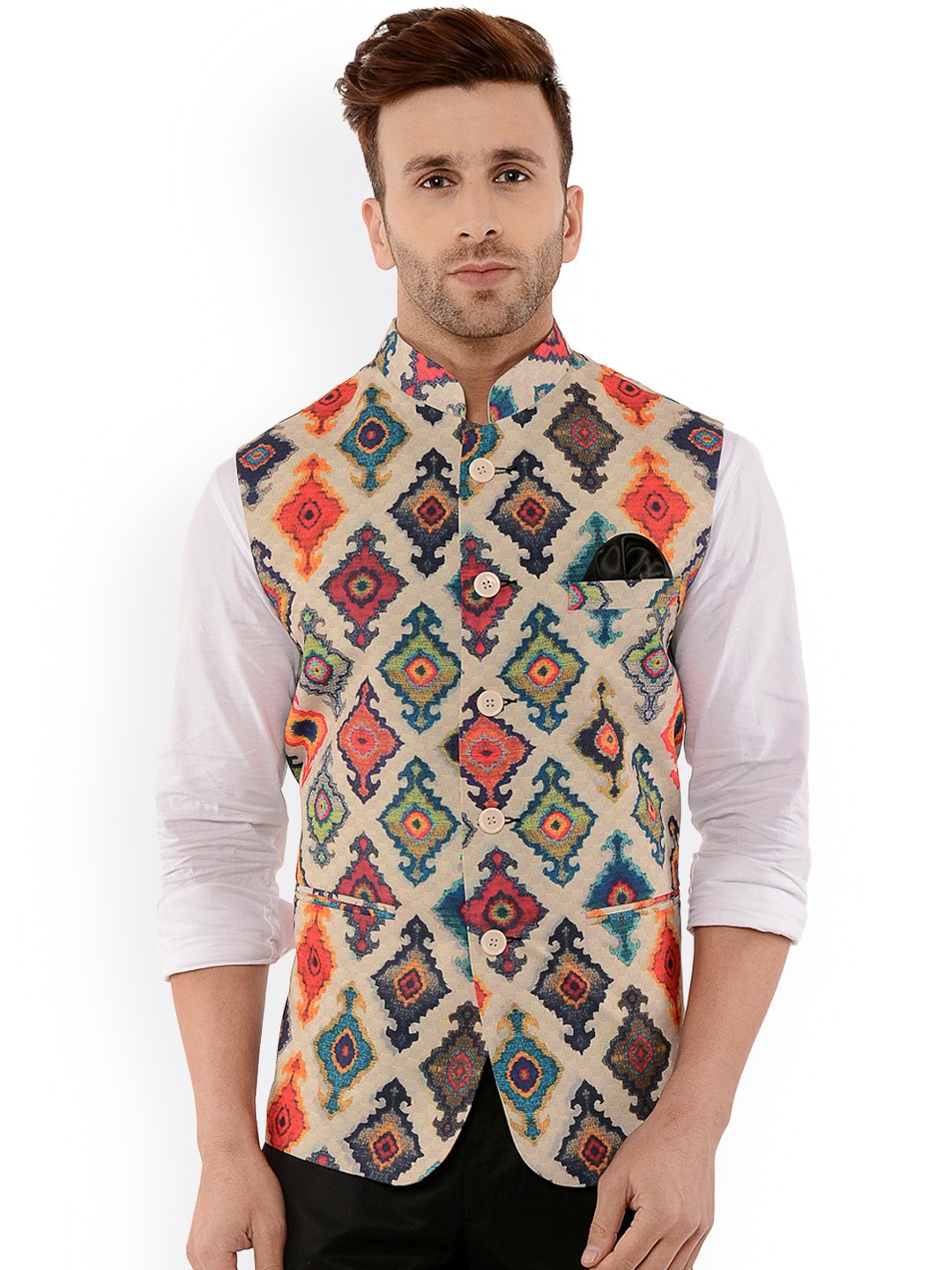 

Hangup Men Beige Printed Nehru Jacket