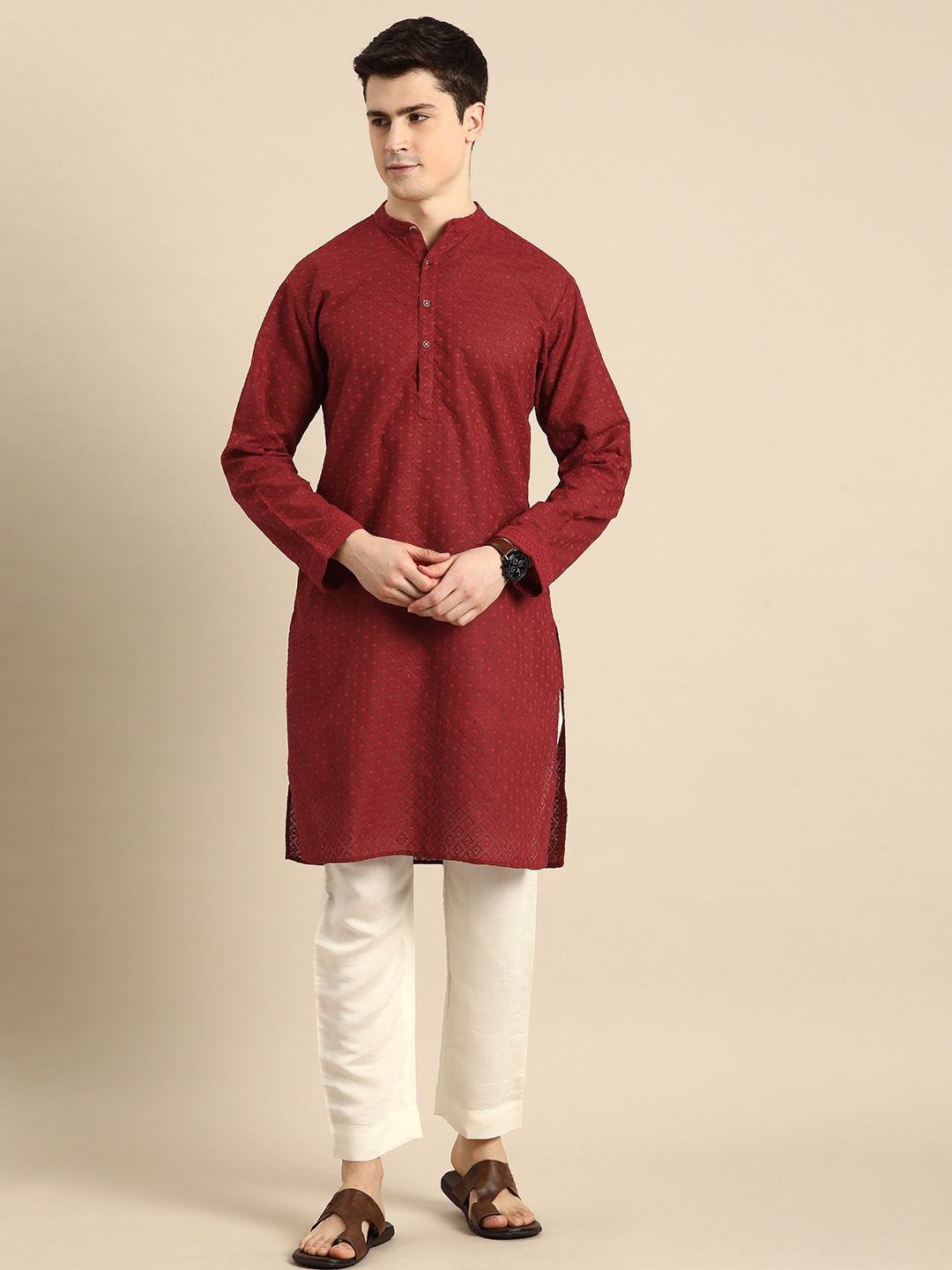 

Anouk Men Regular Chikankari Kurta with Pyjamas, Maroon