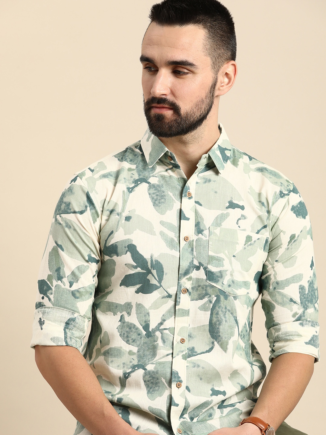 

Anouk Men Relaxed Floral Printed Pure Cotton Casual Shirt, Sea green
