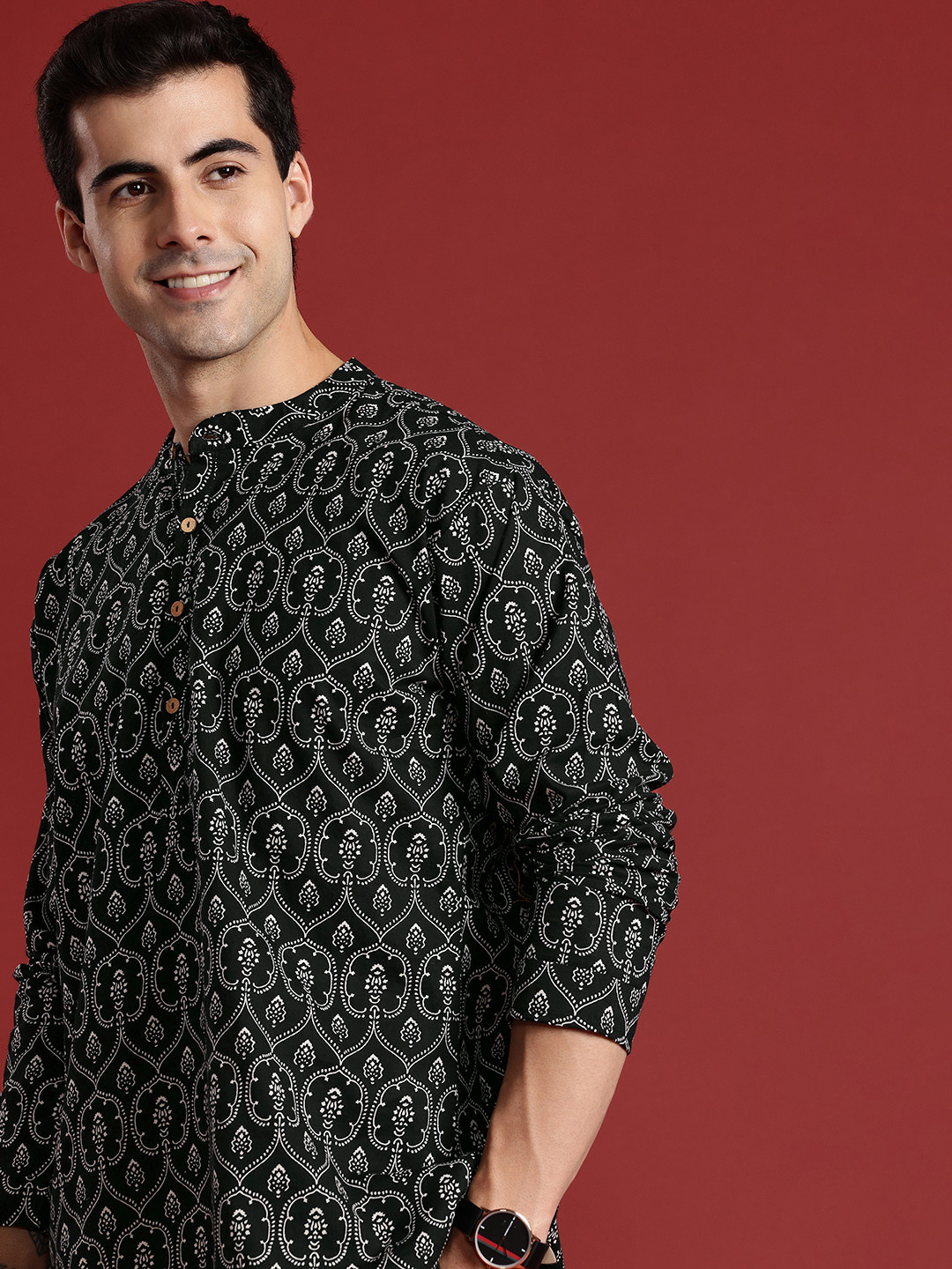 

Anouk Men Kalamkari Printed Mandarin Collar Kurta, Black