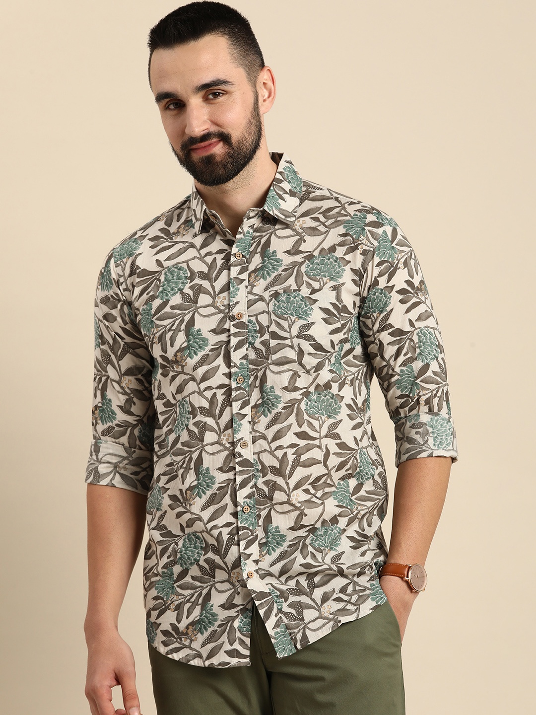 

Anouk Men Relaxed Floral Printed Pure Cotton Casual Shirt, Grey