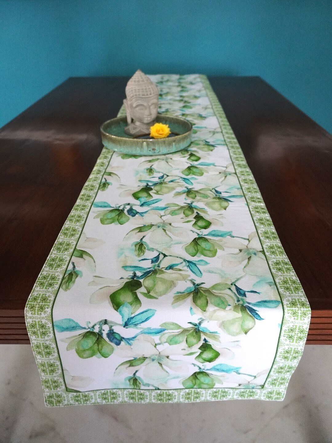 

TARA- Sparkling Homes White & Green Printed Pure Cotton Reversible Table Runner