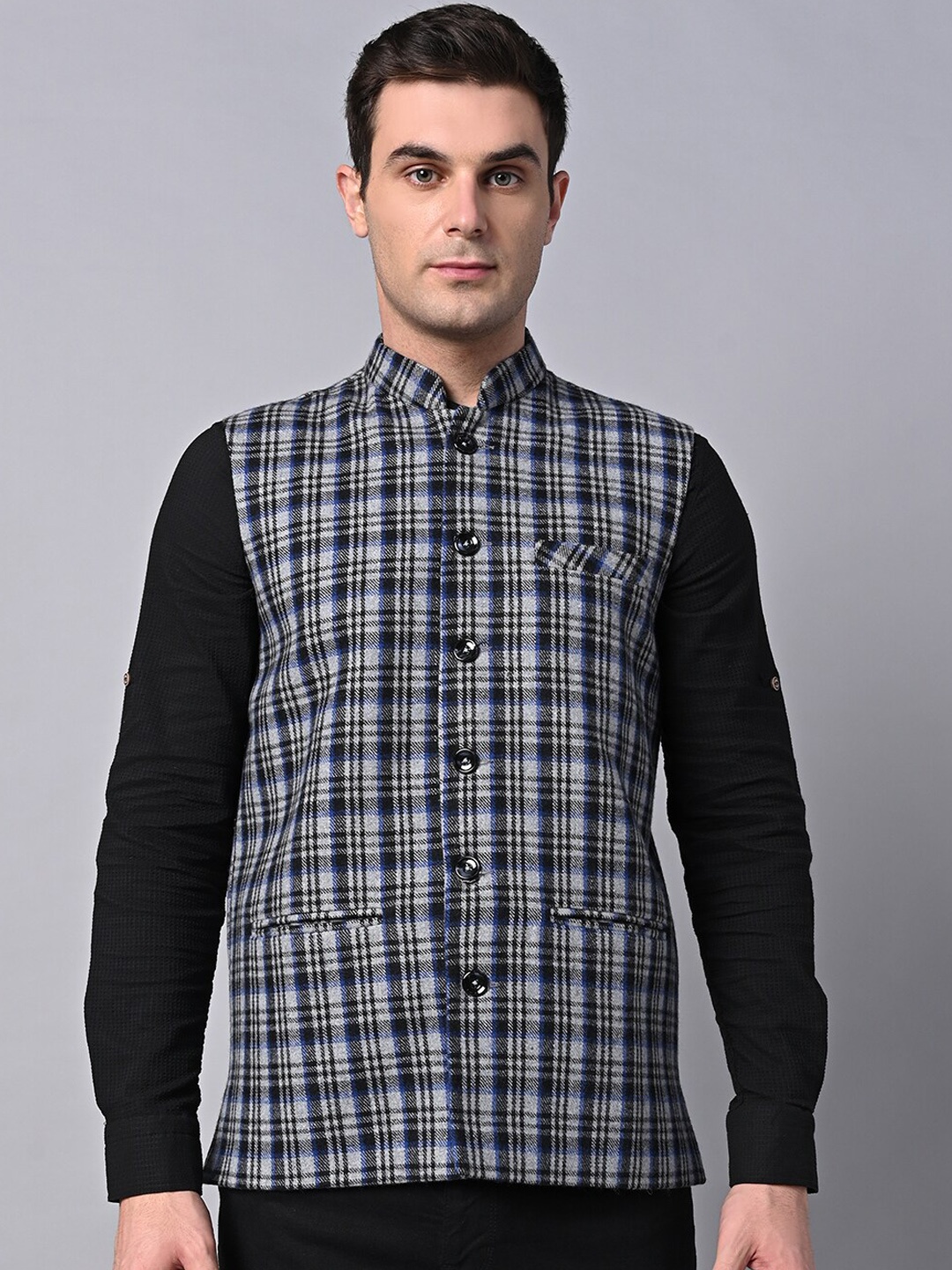 

Vastraa Fusion Checked Pure Wool Woven Nehru Jacket, Grey