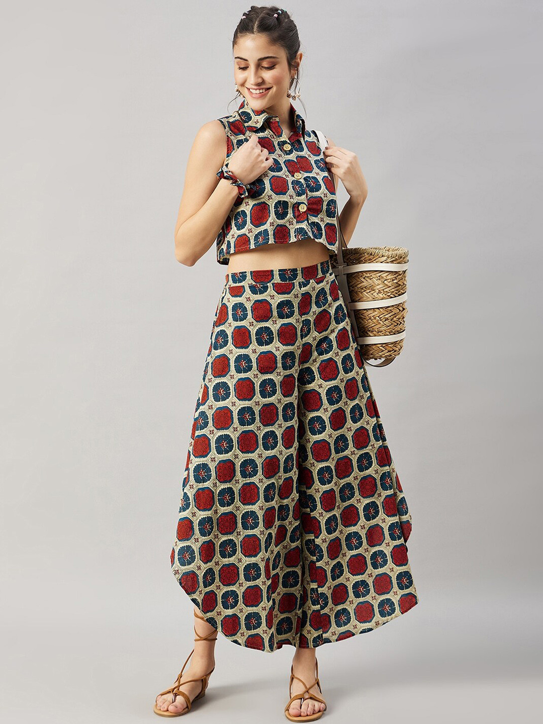

WineRed Ethnic Motifs Printed Pure Cotton Co-ords, Beige