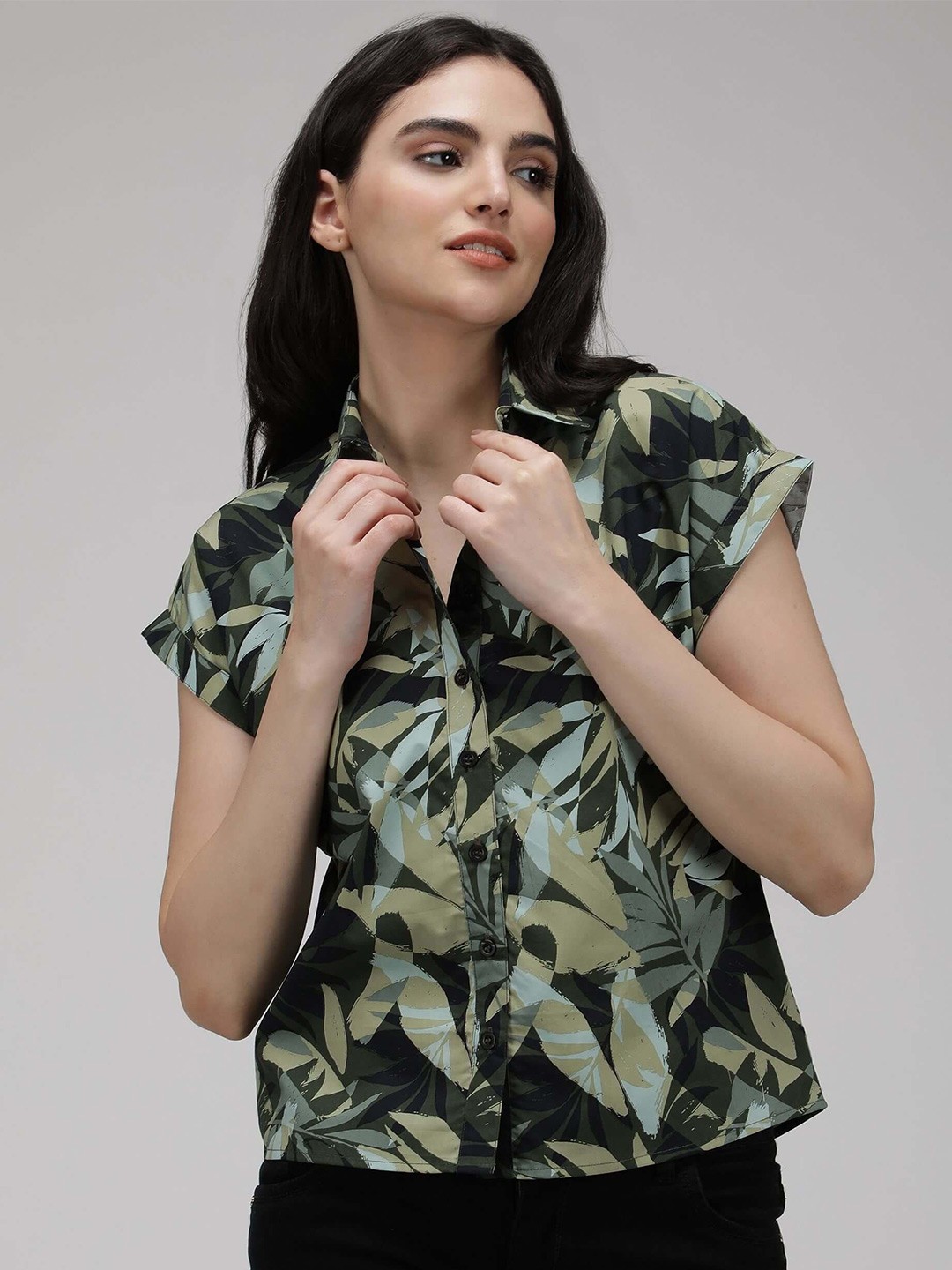 

IDK Green Tropical Printed Extended Sleeves Shirt Style Top