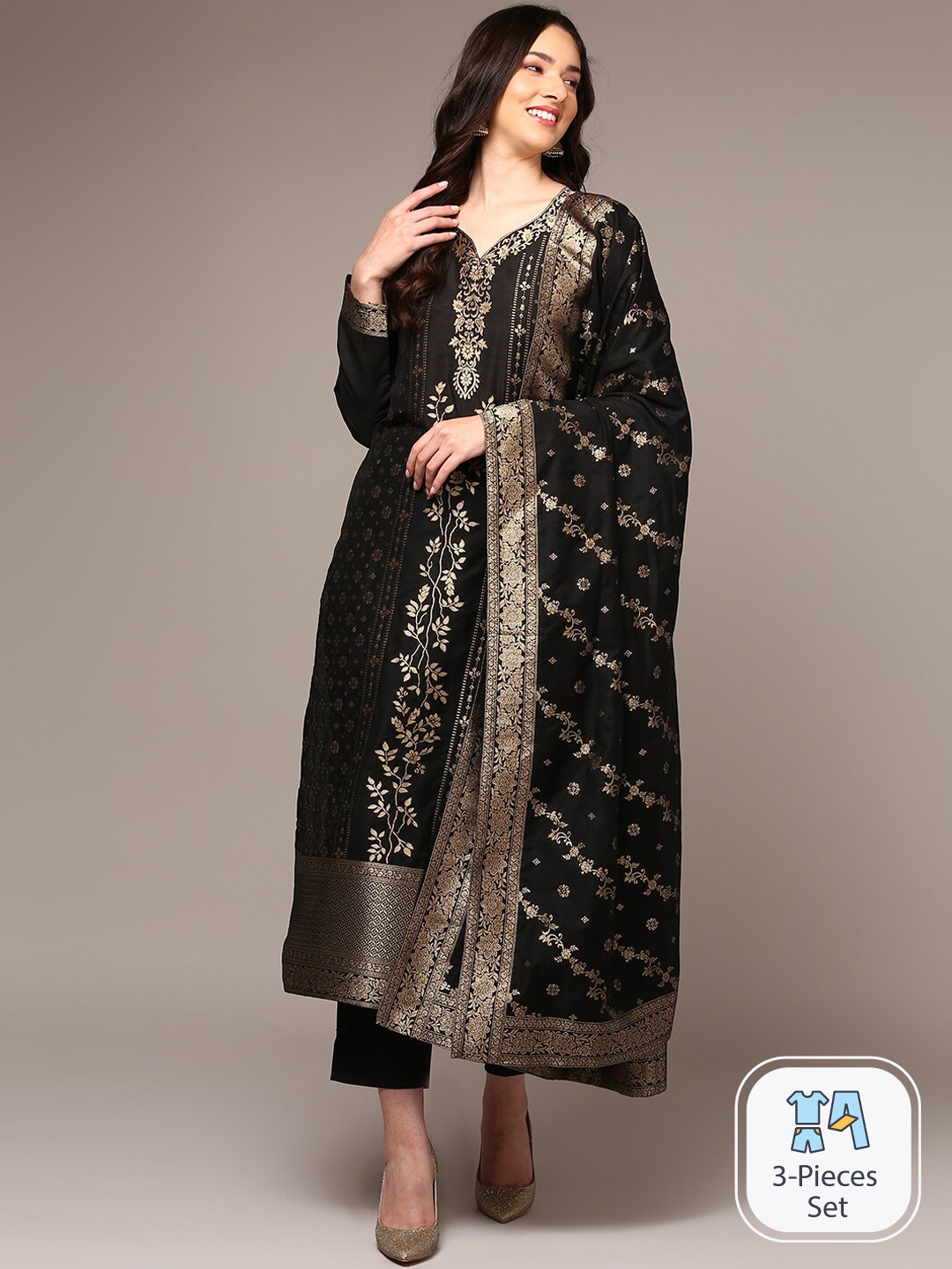 

AHIKA Ethnic Motifs Regular Woven Designed Kurta With Trousers & Dupatta, Black