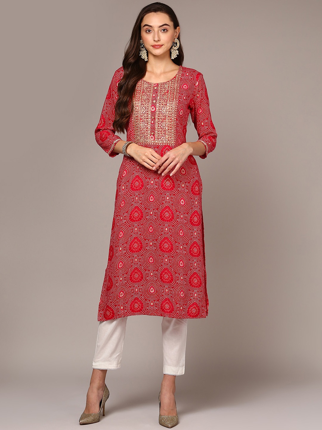 

AHIKA Bandhani Printed Thread Work Kurta, Pink