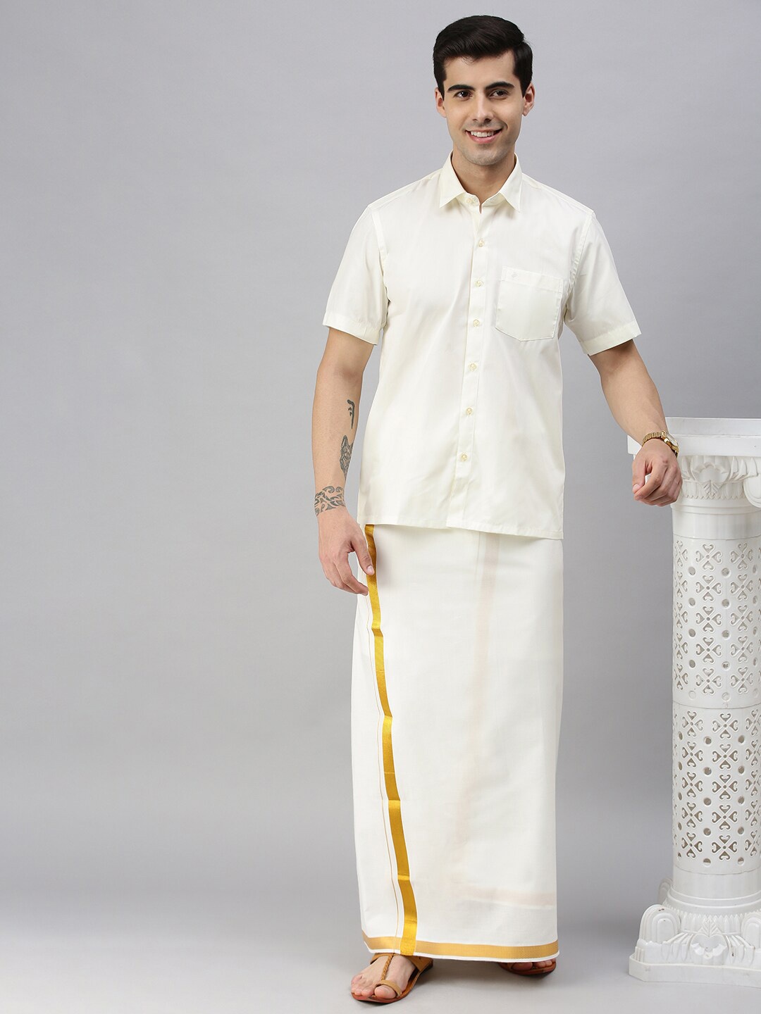 

ALAYA Shirt & Veshti With Shawl, Cream