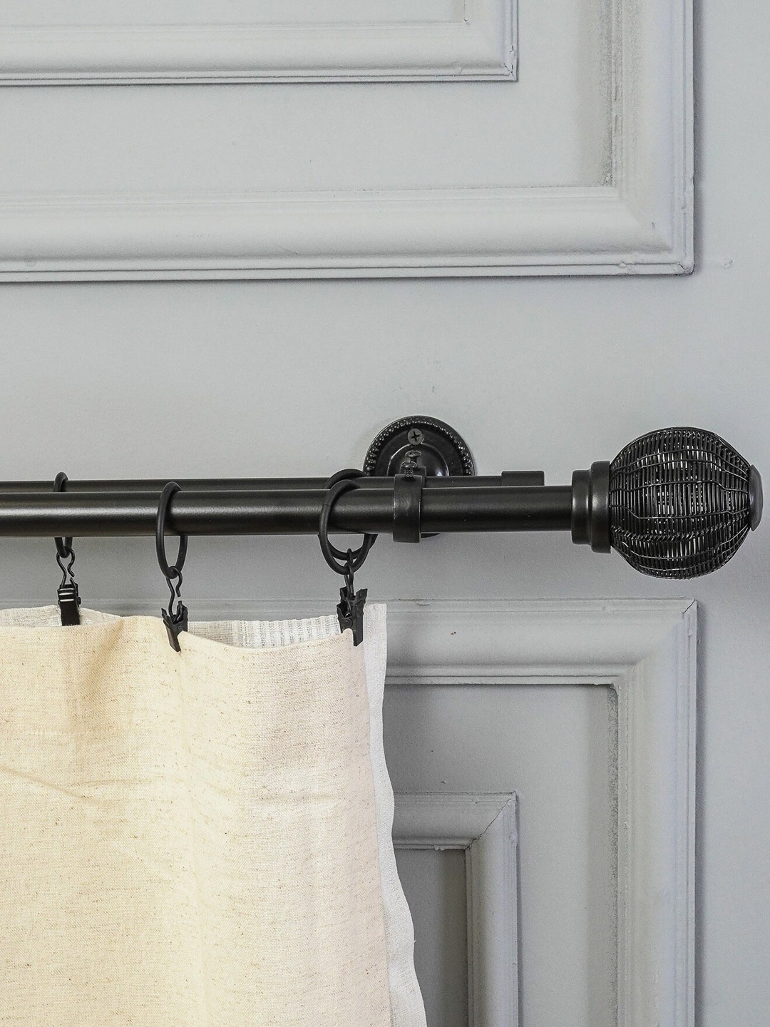 

The Decor Mart Black Extendable Curtain Rods With Brackets and Wooden Finial