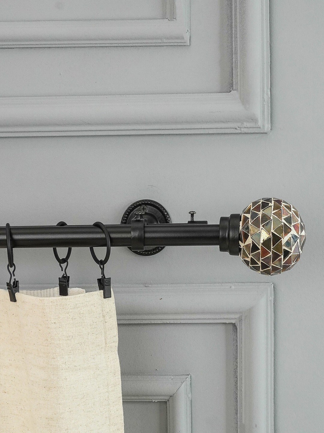 

The Decor Mart Black Extendable Curtain Rods With Brackets and Wooden Finial