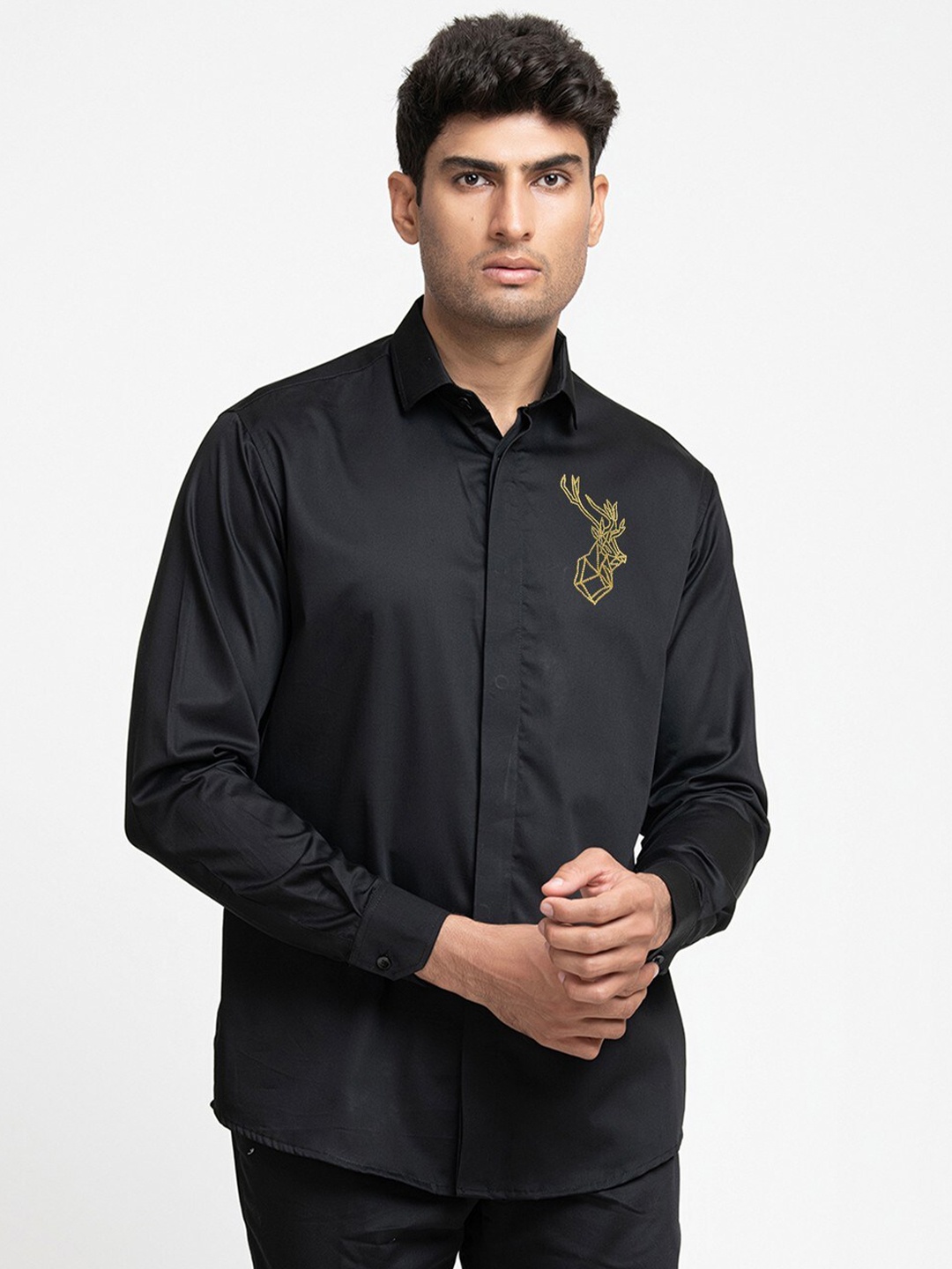 

HILO DESIGN Comfort Cotton Embroidered Detail Casual Shirt, Black