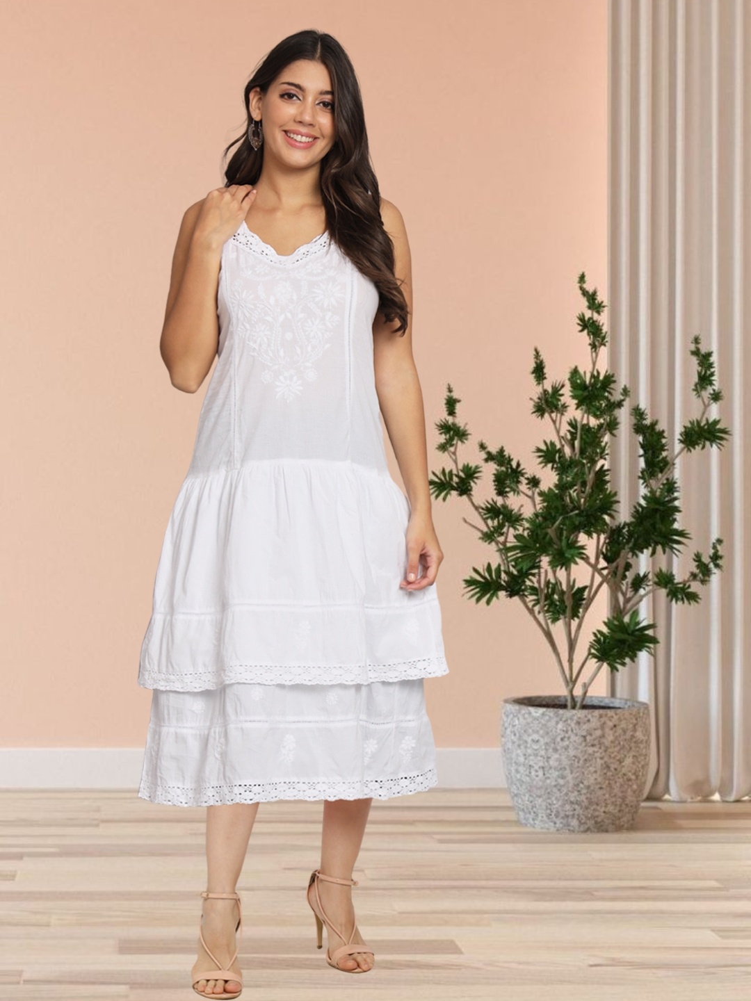 

PARAMOUNT CHIKAN Women Embroidered Chikankari Cotton Layered Dress, White