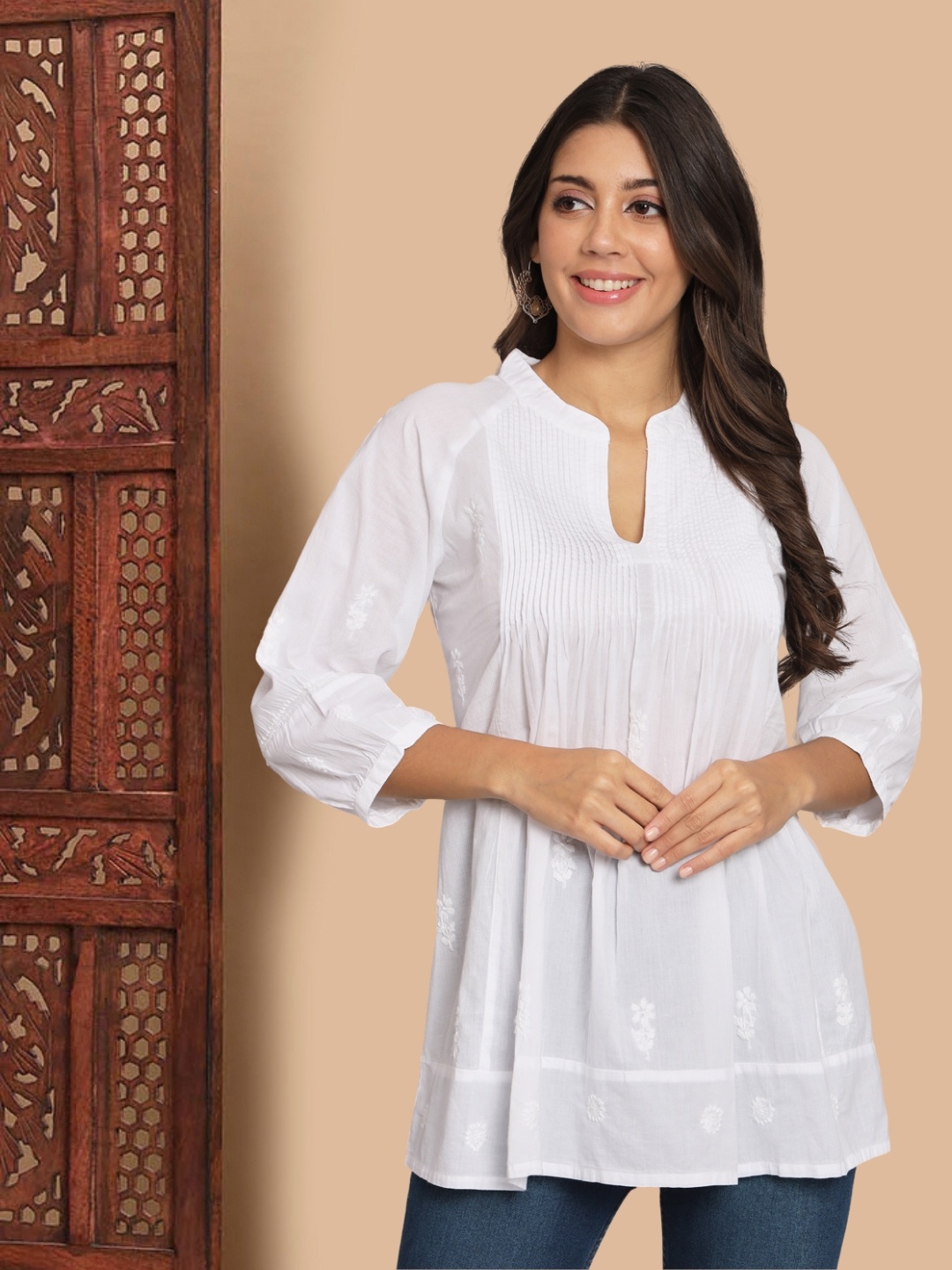 

PARAMOUNT CHIKAN Mandarin Collar Chikankari Pleated Cotton Tunic, White