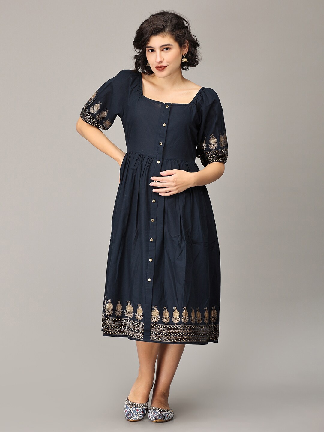 

The Mom Store Ethnic Motifs Printed Maternity and Nursing A-Line Midi Ethnic Dress, Navy blue