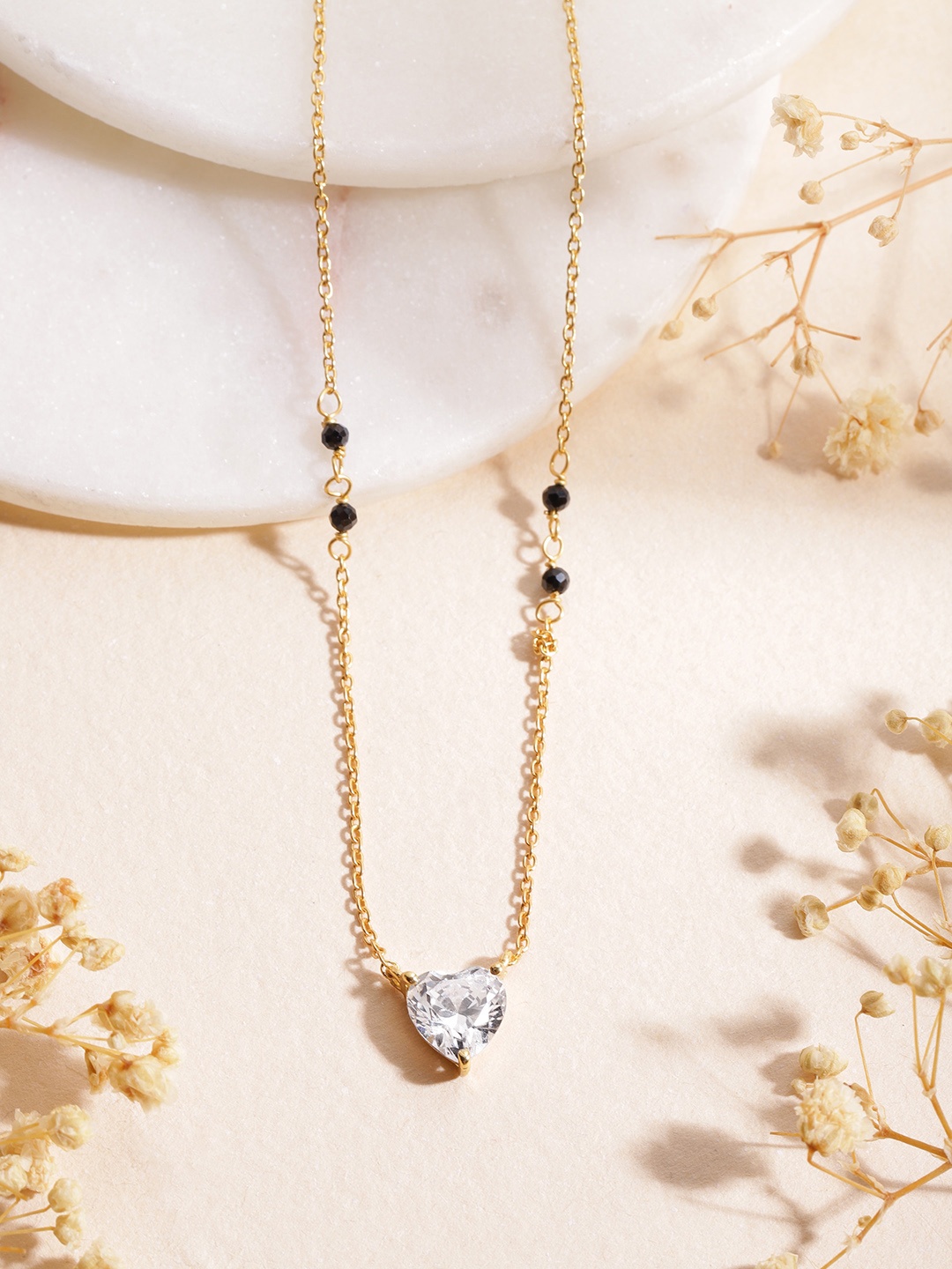 

Zavya 925 Pure Sterling Silver Gold-Plated Stone-Studded & Beaded Mangalsutra