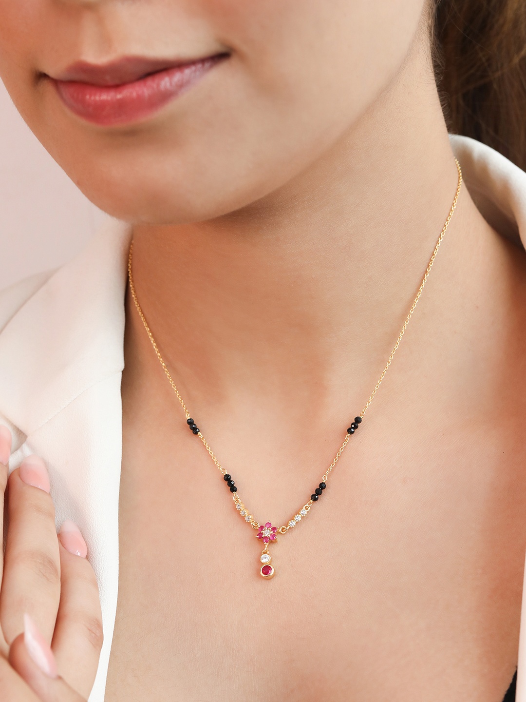 

Zavya 925 Pure Sterling Silver Gold-Plated Stone-Studded & Beaded Mangalsutra