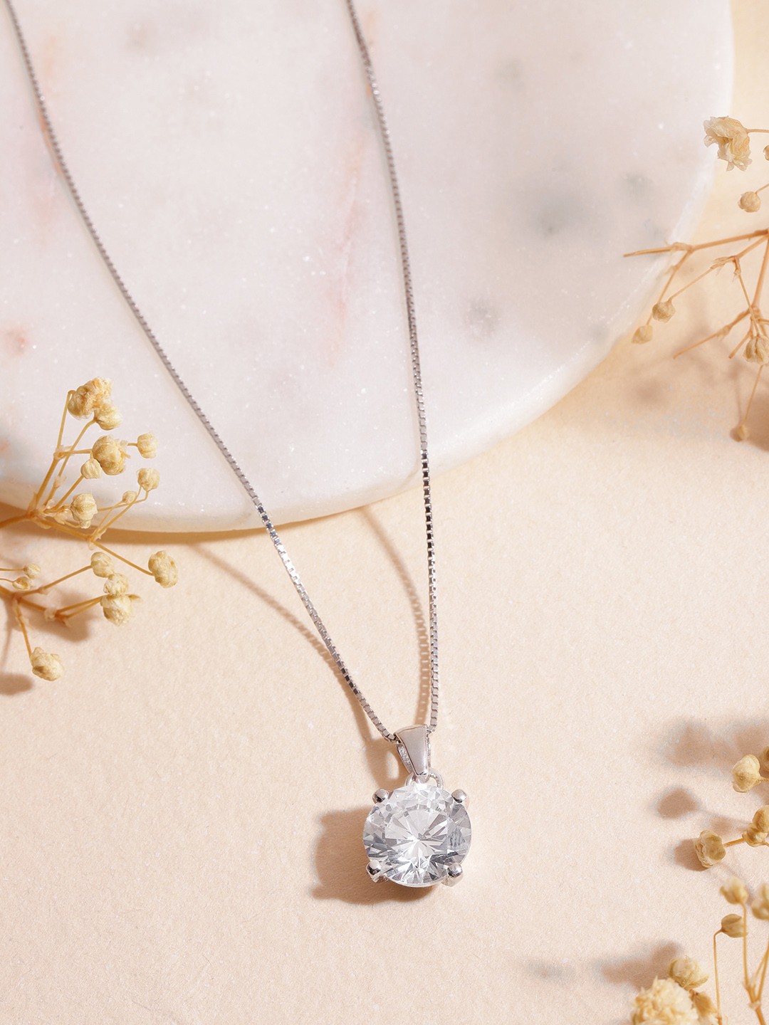 

Zavya 925 Pure Sterling Silver Rhodium-Plated CZ-studded Pendant with Chain