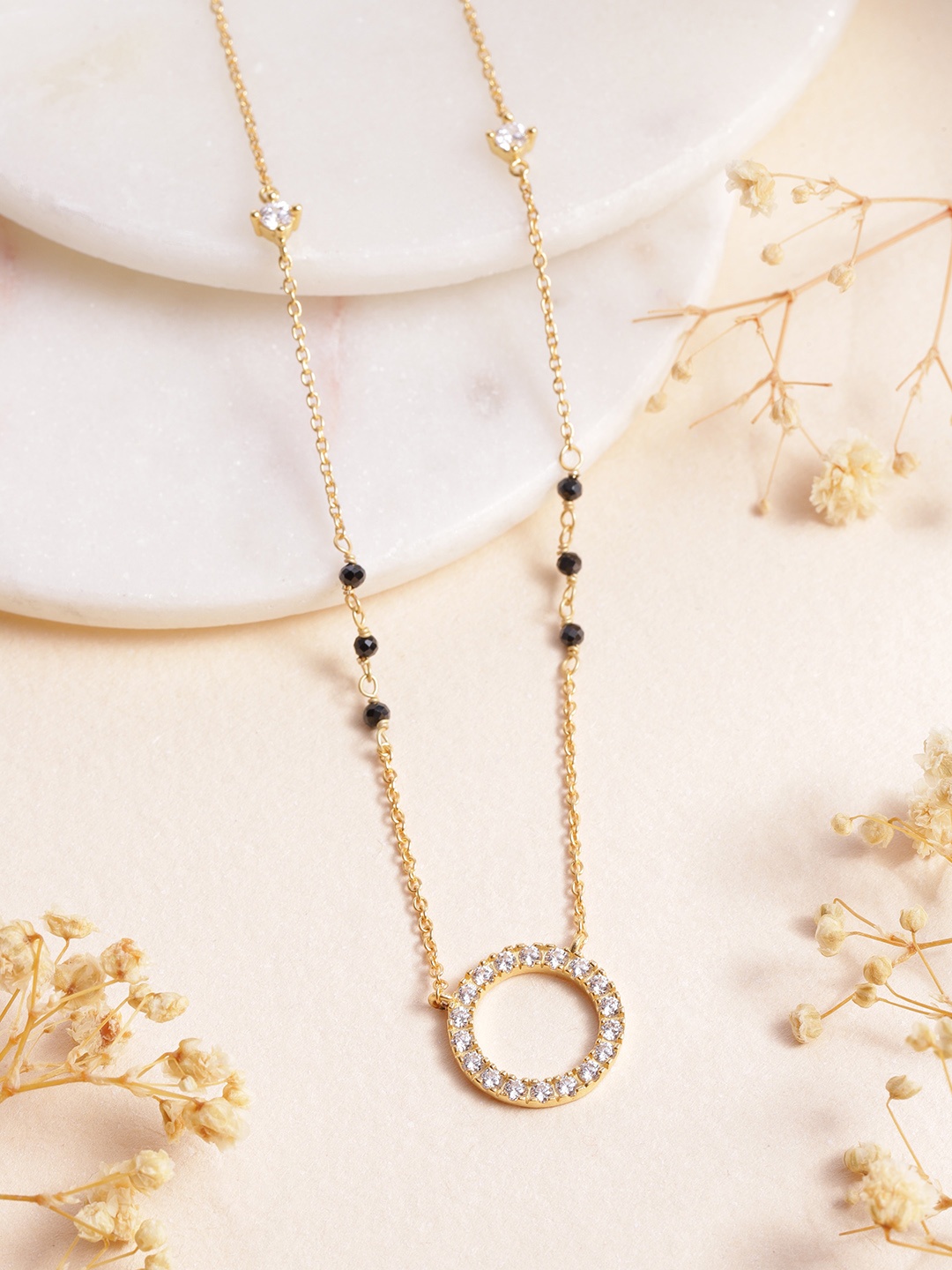 

Zavya 925 Pure Sterling Silver Gold-Plated Stone-Studded & Beaded Mangalsutra