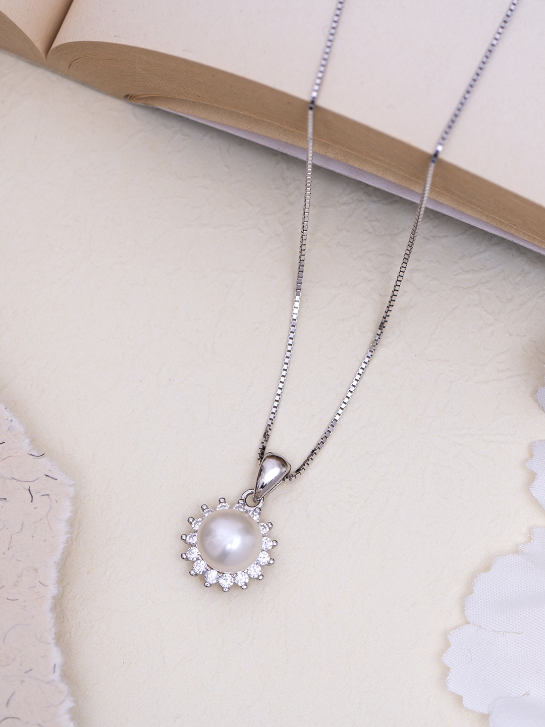 

Zavya 925 Pure Sterling Silver Rhodium-Plated Pearls-studded Pendant with Chain