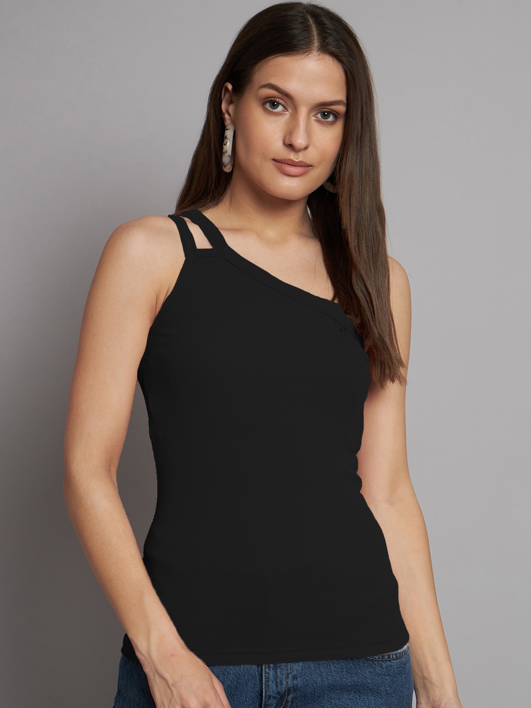 

ADDYVERO Striped One Shoulder Top, Black
