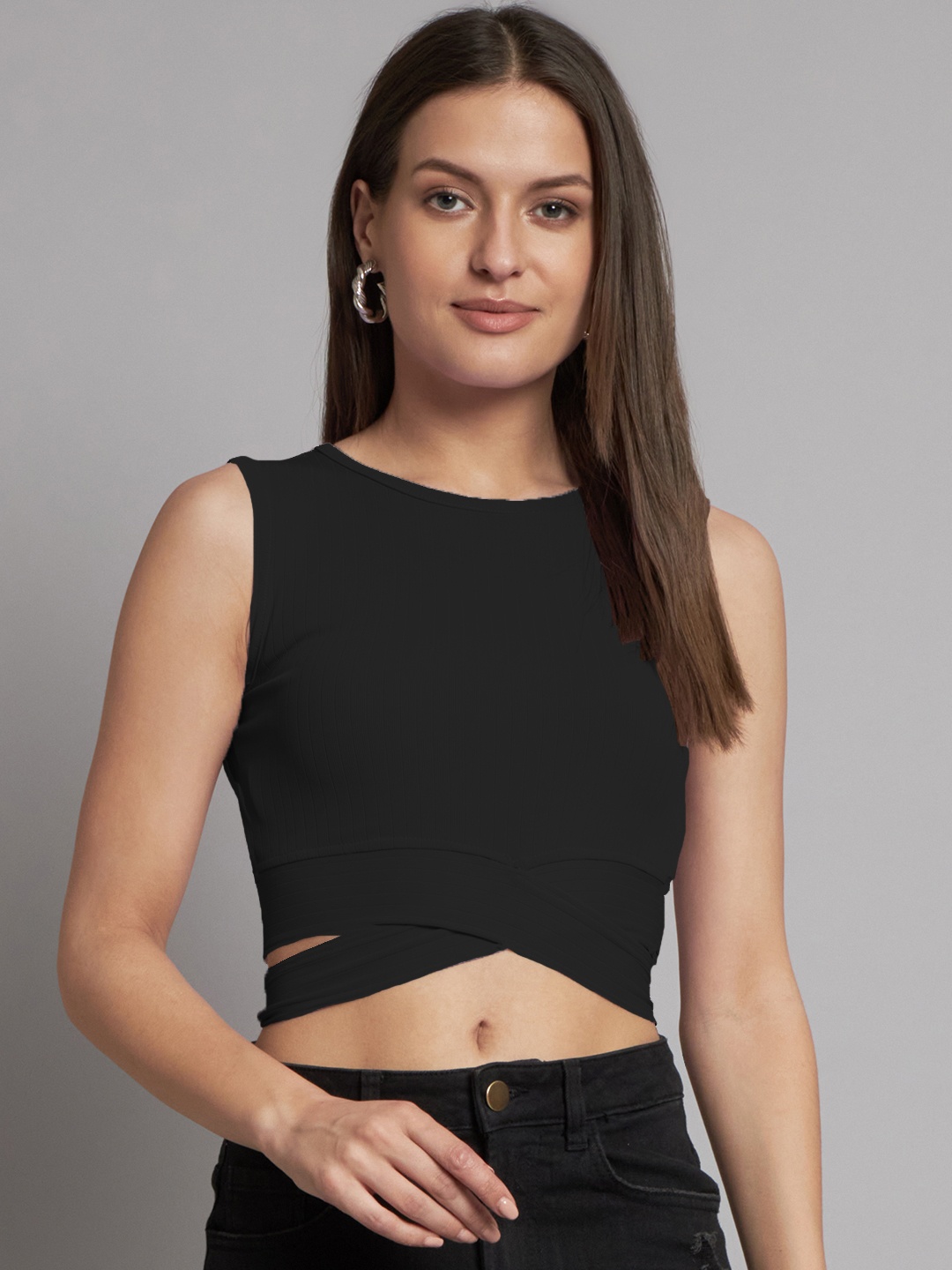 

ADDYVERO Striped Round Neck Cut-Out Detail Crop Top, Black