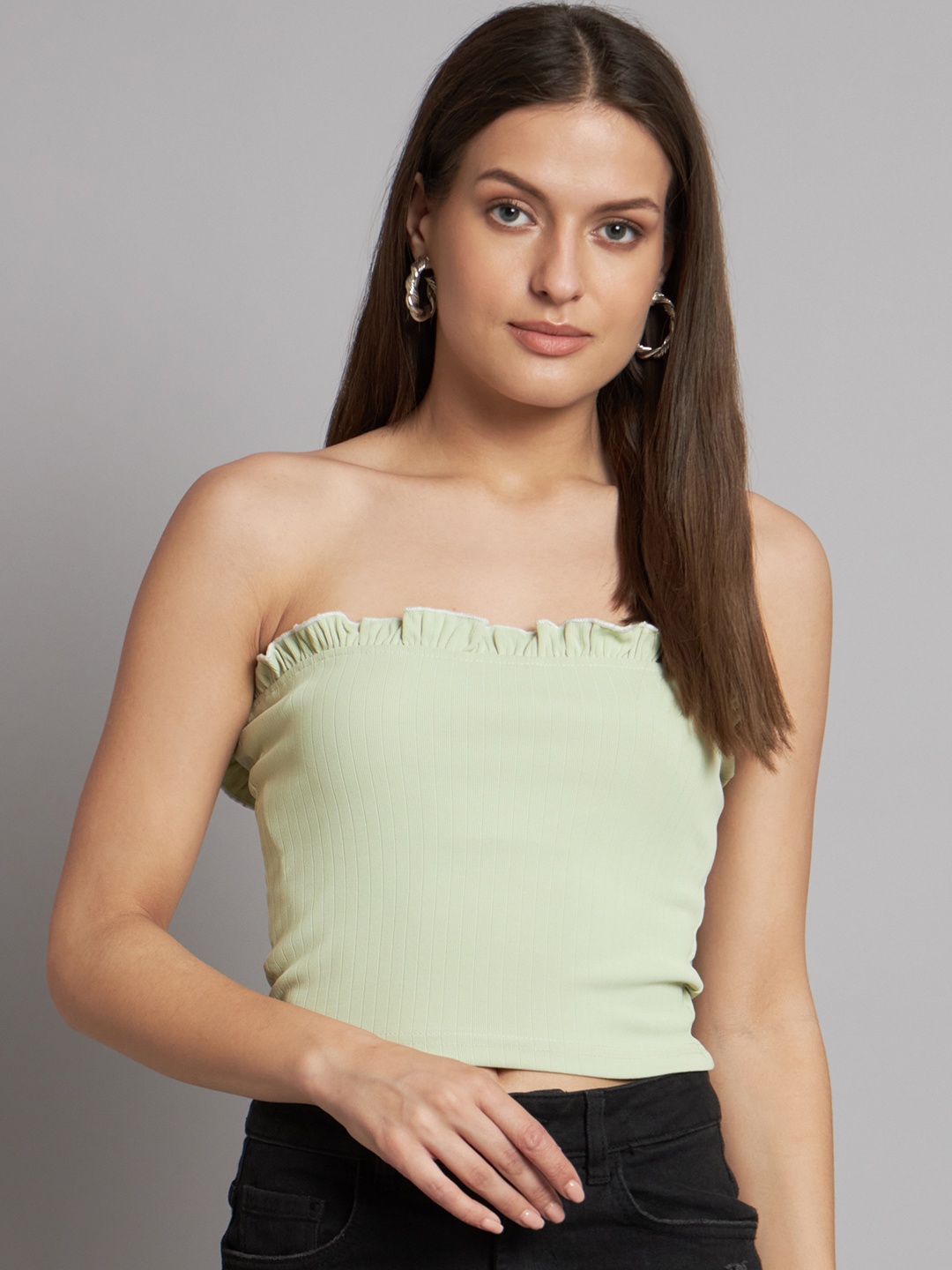 

ADDYVERO Off-Shoulder Rufffles Tube Crop Top, Green