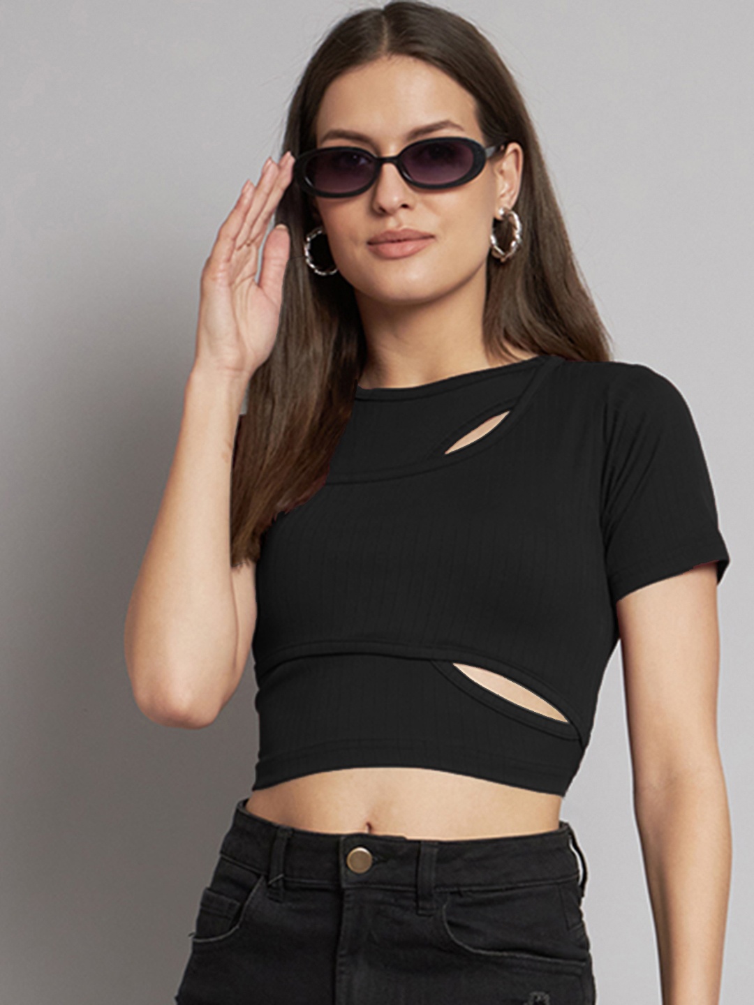 

ADDYVERO Striped Round Neck Cut-Out Detail Crop Top, Black