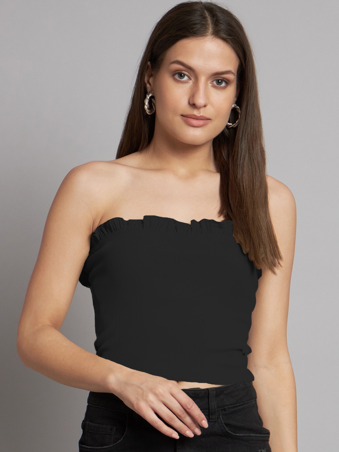 

ADDYVERO Off-Shoulder Rufffles Tube Crop Top, Black