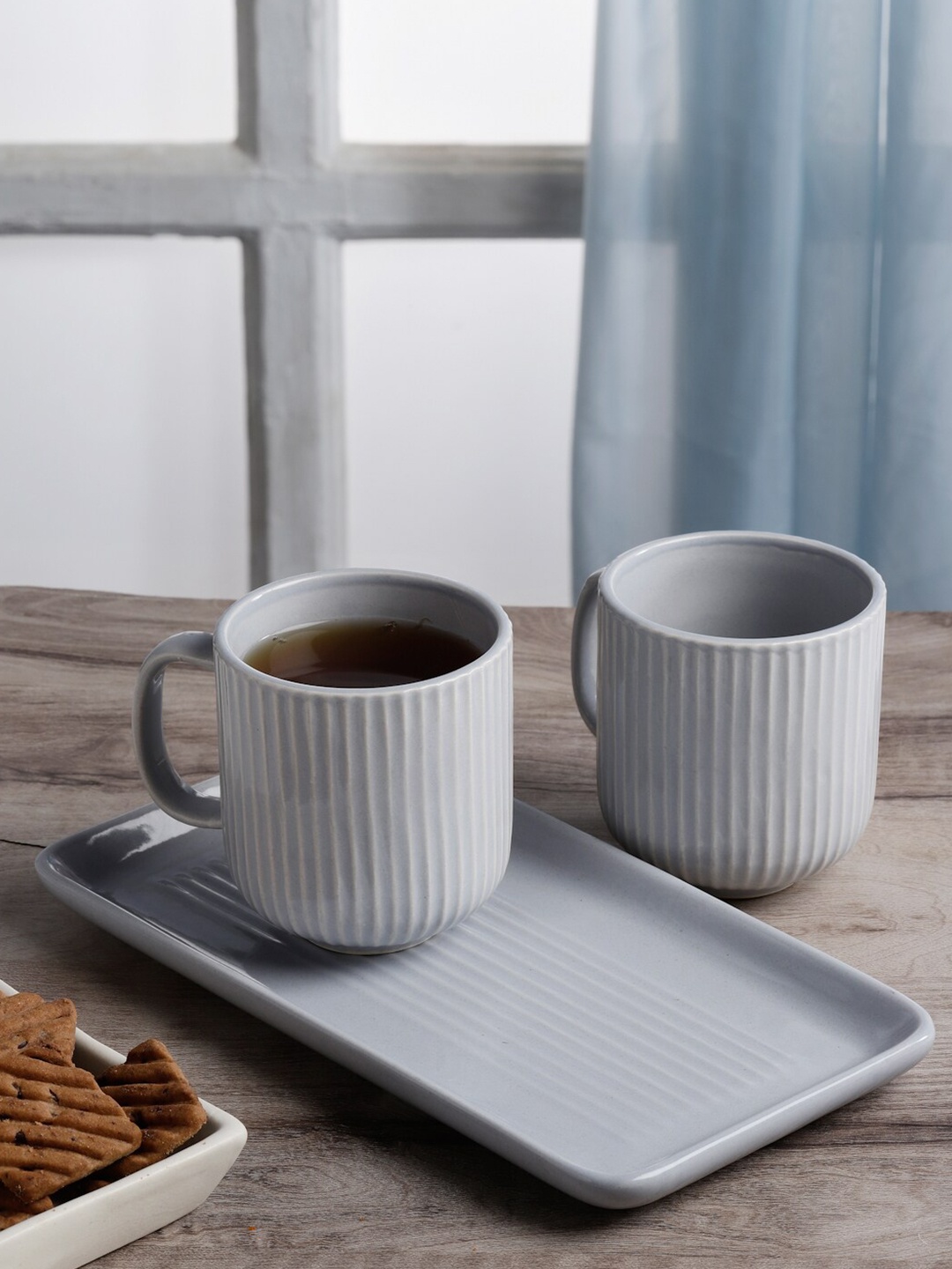 

Arrabi Grey 3 Pieces Textured Ceramic Matte Mugs With Tray 220ml