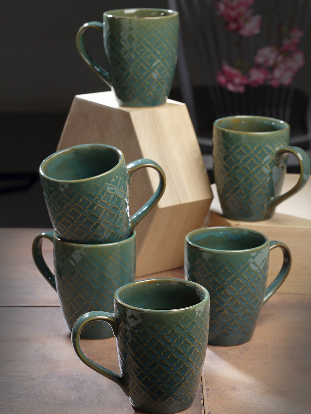 

Arrabi Green 6 Pieces Dishwasher Safe Textured Ceramic Glossy Mugs 250 ML Each