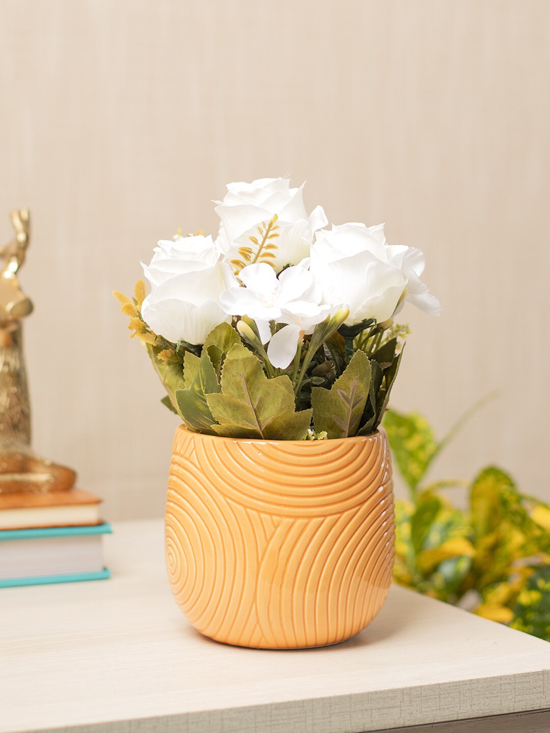

MARKET99 White & Orange Artificial Flowers With Pot