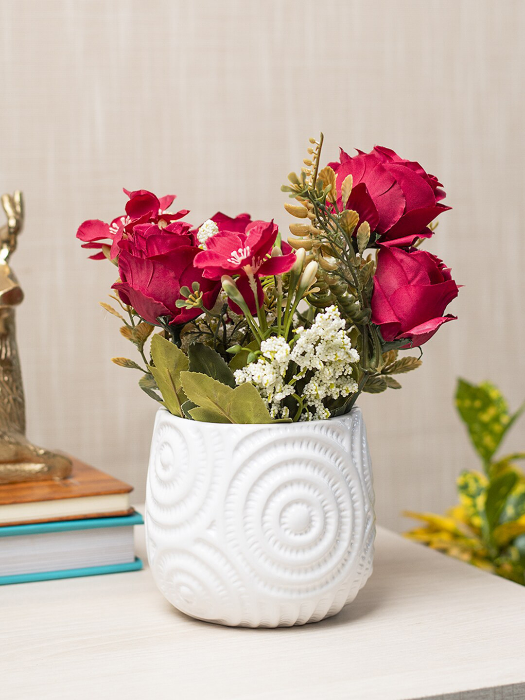 

MARKET99 Red & White Artificial Rose Flowers With Pot