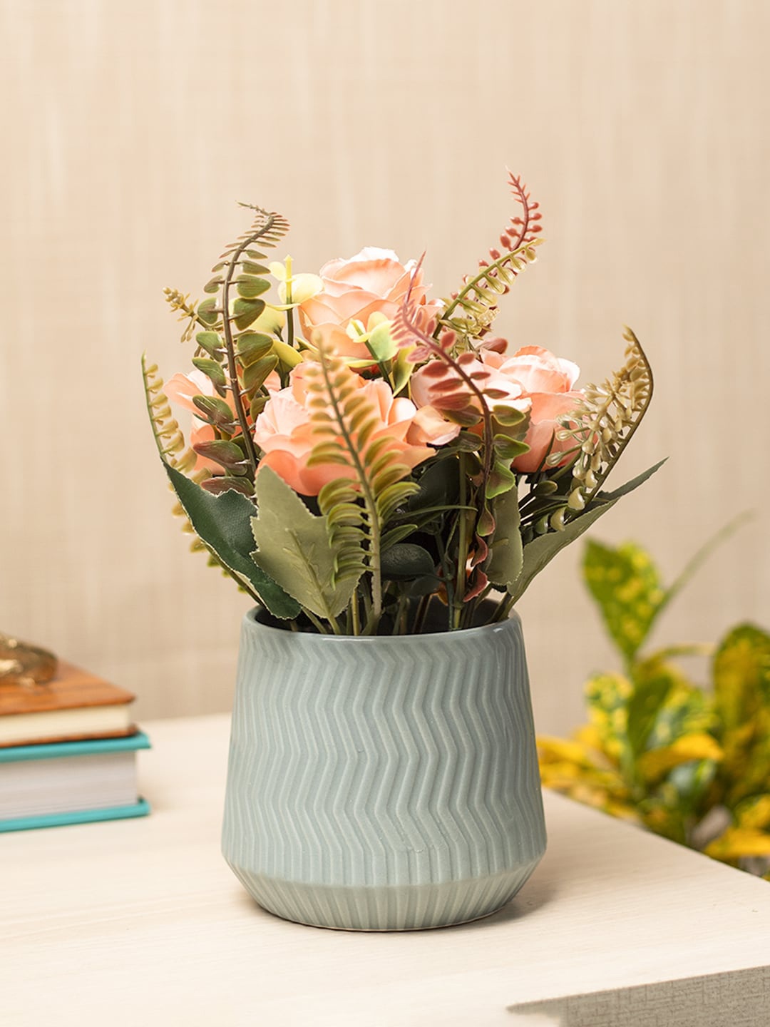 

MARKET99 Turquoise Blue & Green Artificial Flowers With Pot, Peach