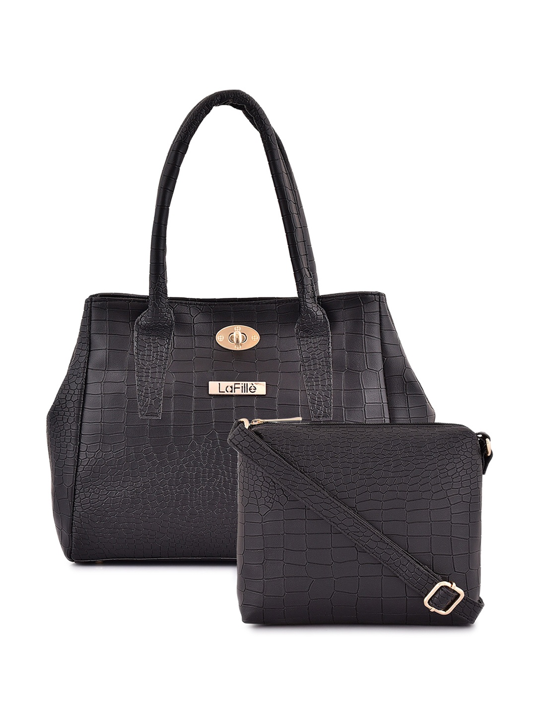 

LaFille Set Of 2 Textured Structured HandHeld Bag And Sling Bag, Black
