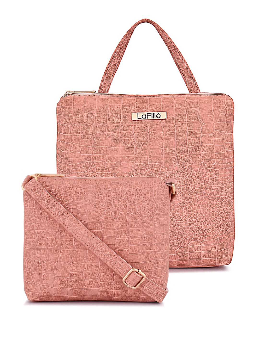 

LaFille Set Of 2 Textured Structured Handheld Bag And Sling Bag, Peach