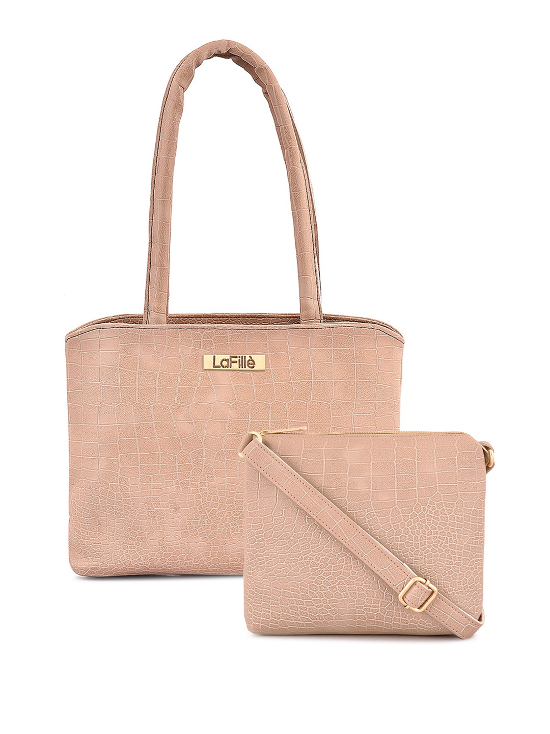 

LaFille Set Of 2 Textured Structured Shoulder Bag And Sling Bag, Beige