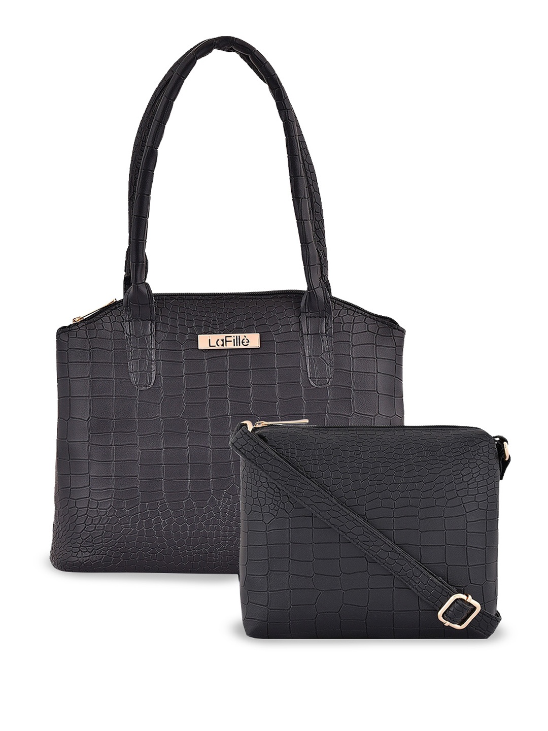 

LaFille Set of 2 Textured PU Structured Handheld Bag, Black