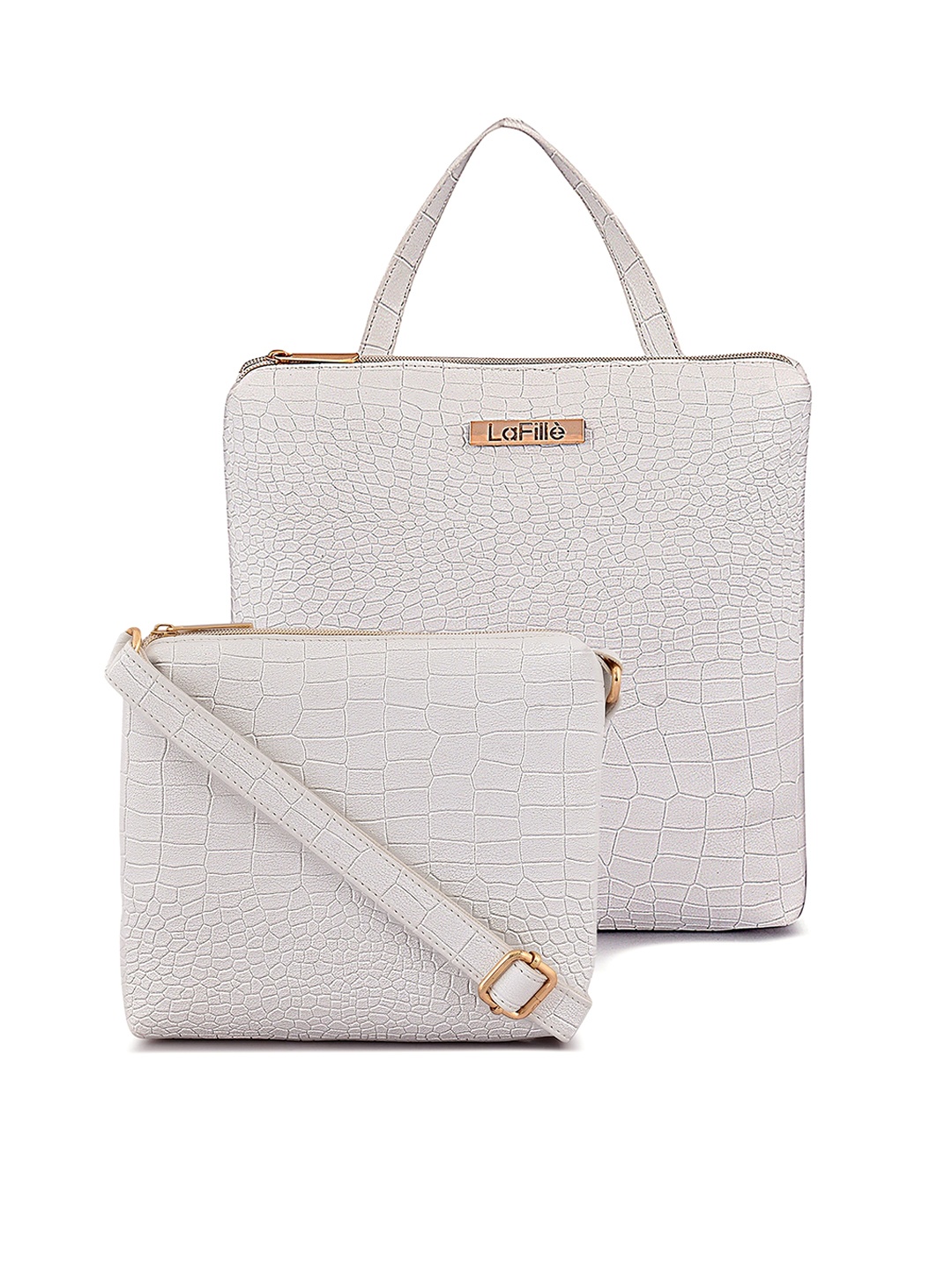 

LaFille Set of 2 Textured PU Structured Handheld Bag with Cut Work, White