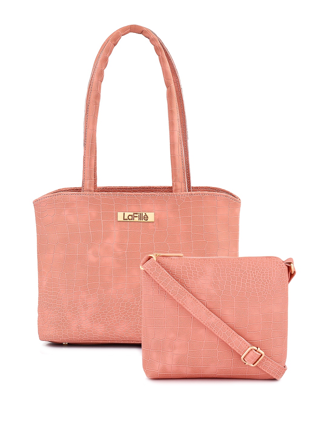 

LaFille Peach-Coloured PU Structured Handheld Bag with Cut Work