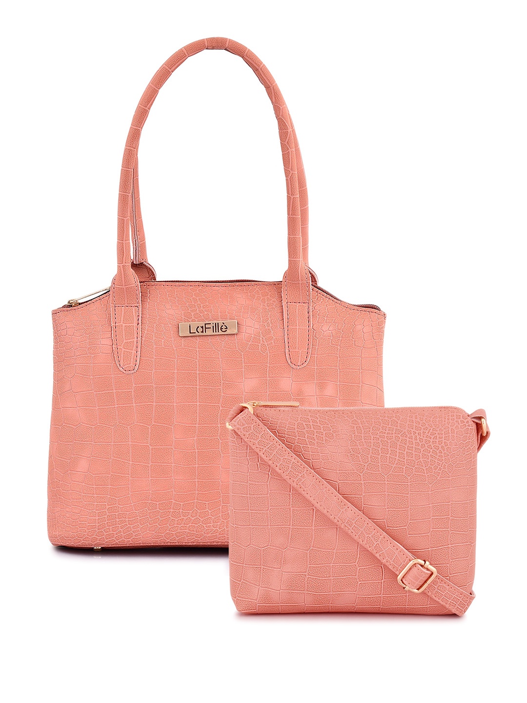 

LaFille Set of 2 Textured PU Structured Handbags, Peach