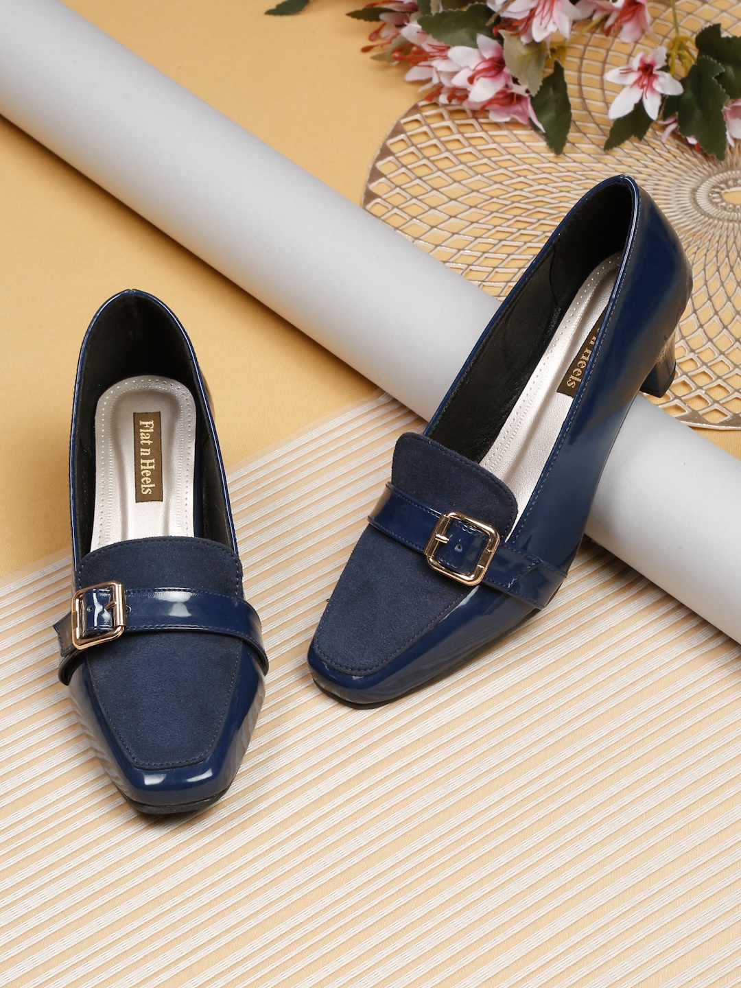

Flat n Heels Suede Block Pumps with Buckles, Blue
