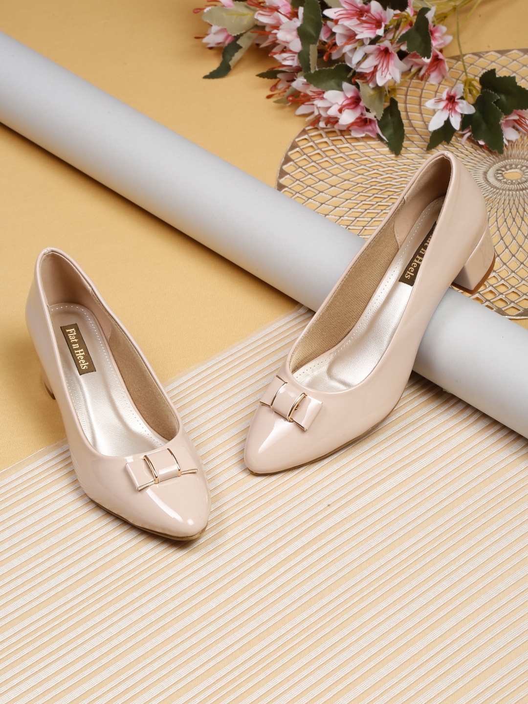 

Flat n Heels Pointed Toe Block Pumps with Buckles, Beige