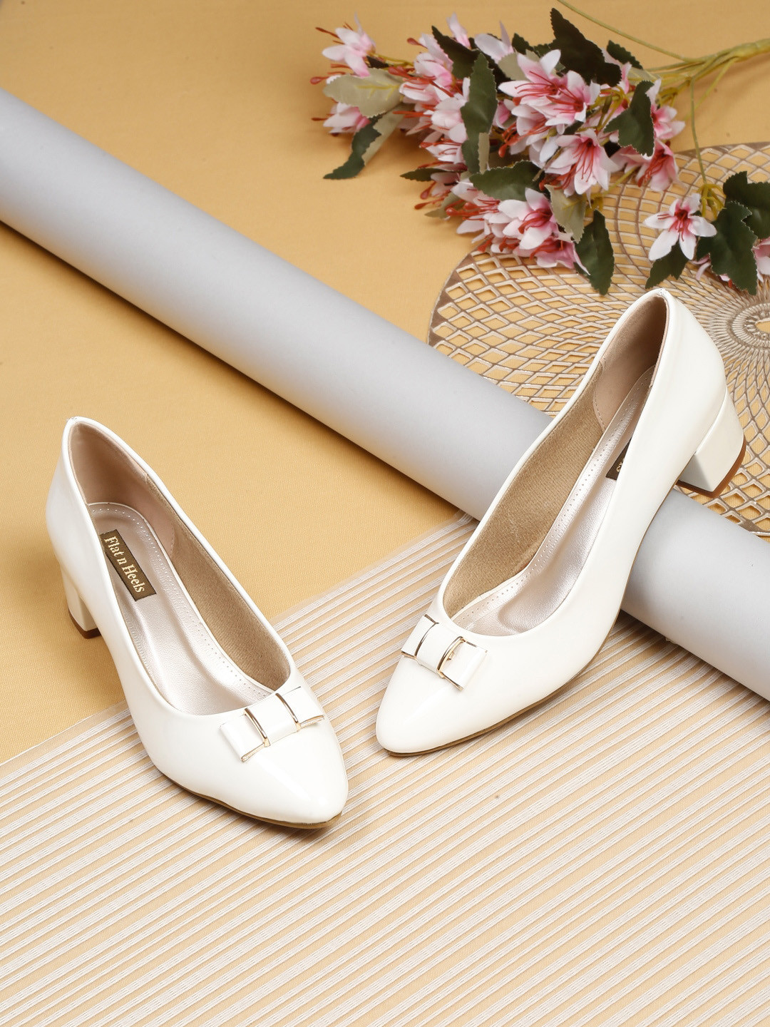 

Flat n Heels Bow Detail Pointed Toe Block Heel Pumps, White