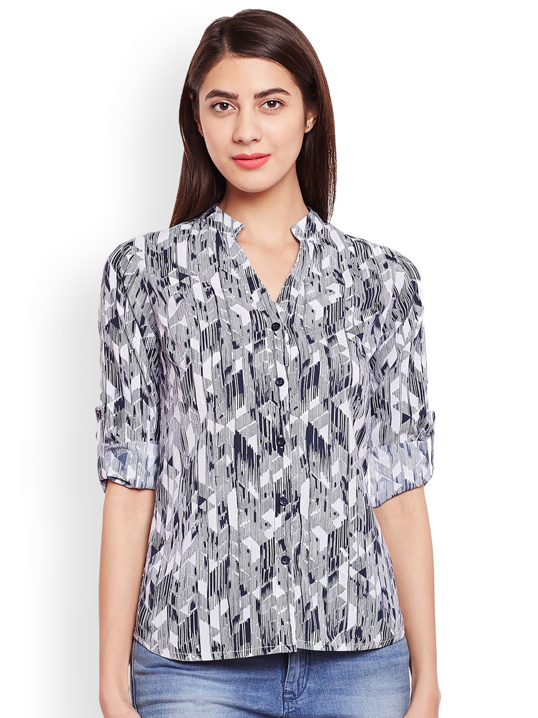 

WISSTLER Women Blue & White Regular Fit Printed Casual Shirt