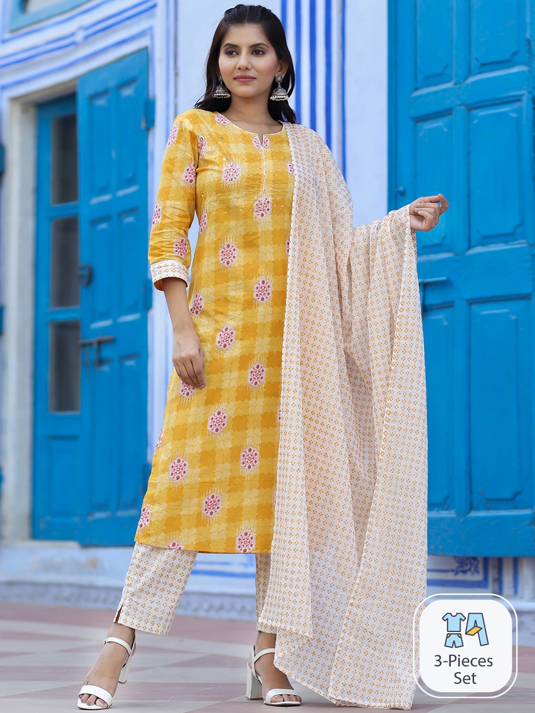 

misbis Ethnic Motifs Printed Sequinned Pure Cotton Kurta with Trousers & With Dupatta, Yellow